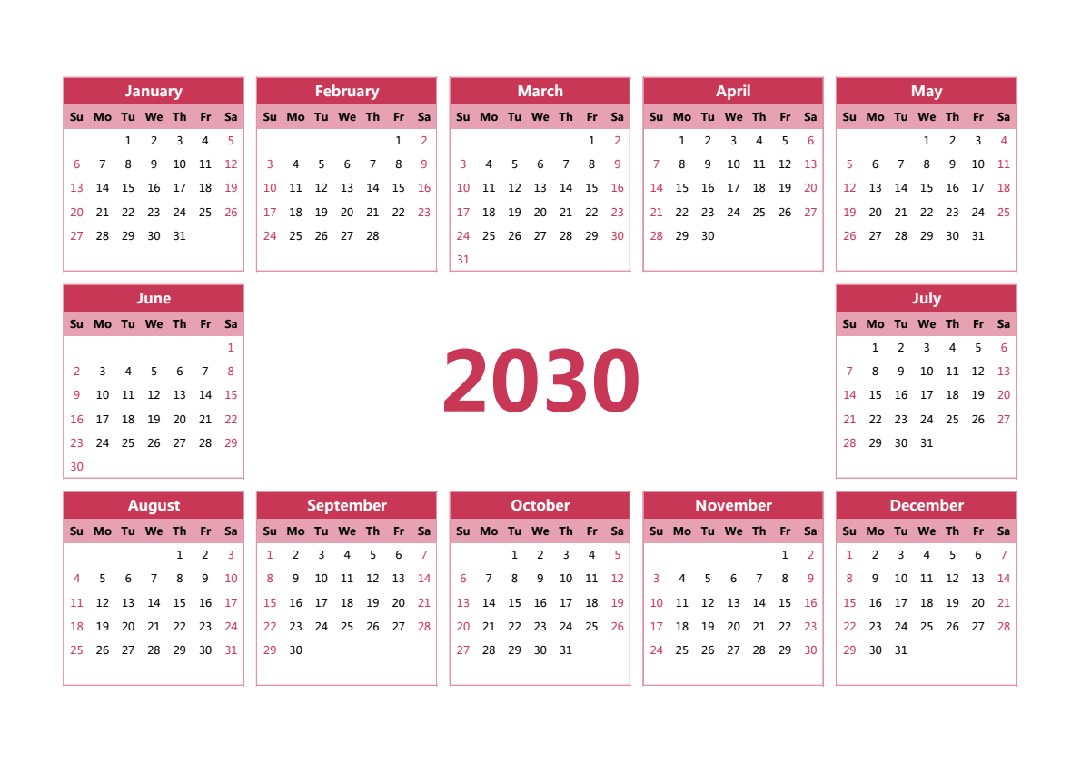 2030年日历 A3横向 英文版 无农历 无周数 周日开始